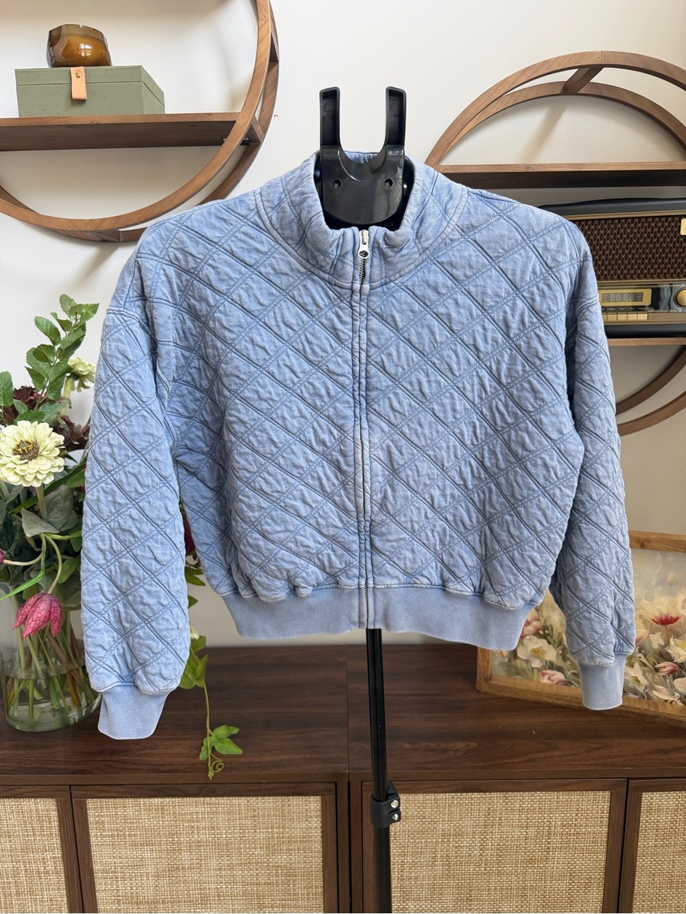 GAP Kids Girls XL 12 Blue Quilted Full Zip Bomber Jacket Distressed Wash